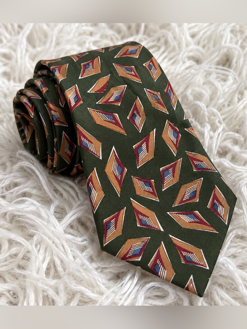 Vintage CHAPS Ralph Lauren Silk Tie Green Geometric USA